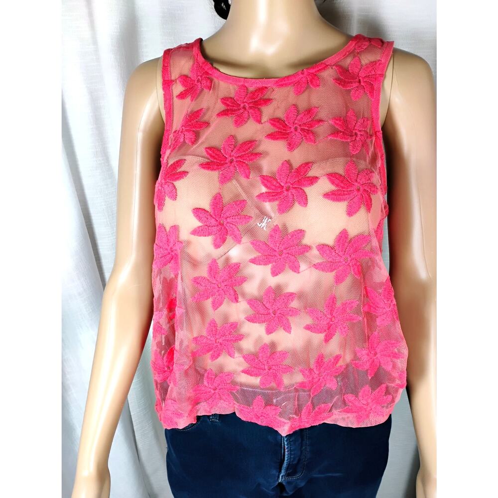 NWT Delias Womens Large Coral Embroidered Daisy Lace Tank Top Sheer Y2K
